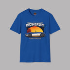 Big Healey graphic royal blue colored t-shirt featuring a blue and white Austin Healey roadster with retro sunset artwork and vintage British sports car typography by Healey Threads