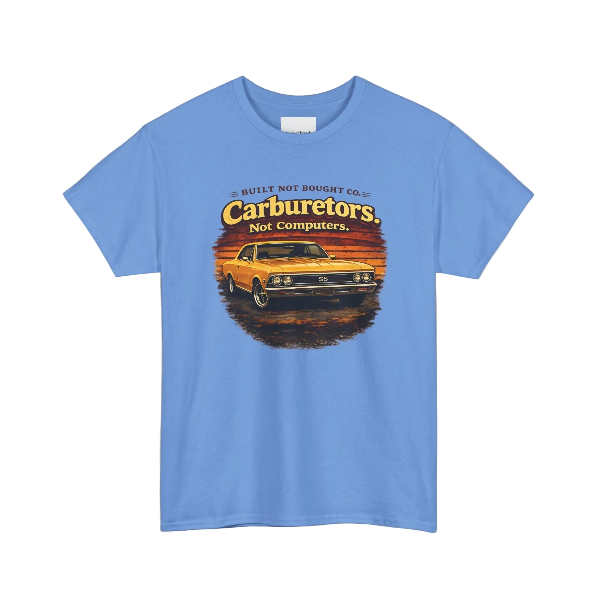 Carolina blue t-shirt with a graphic design of a car and text on a white background