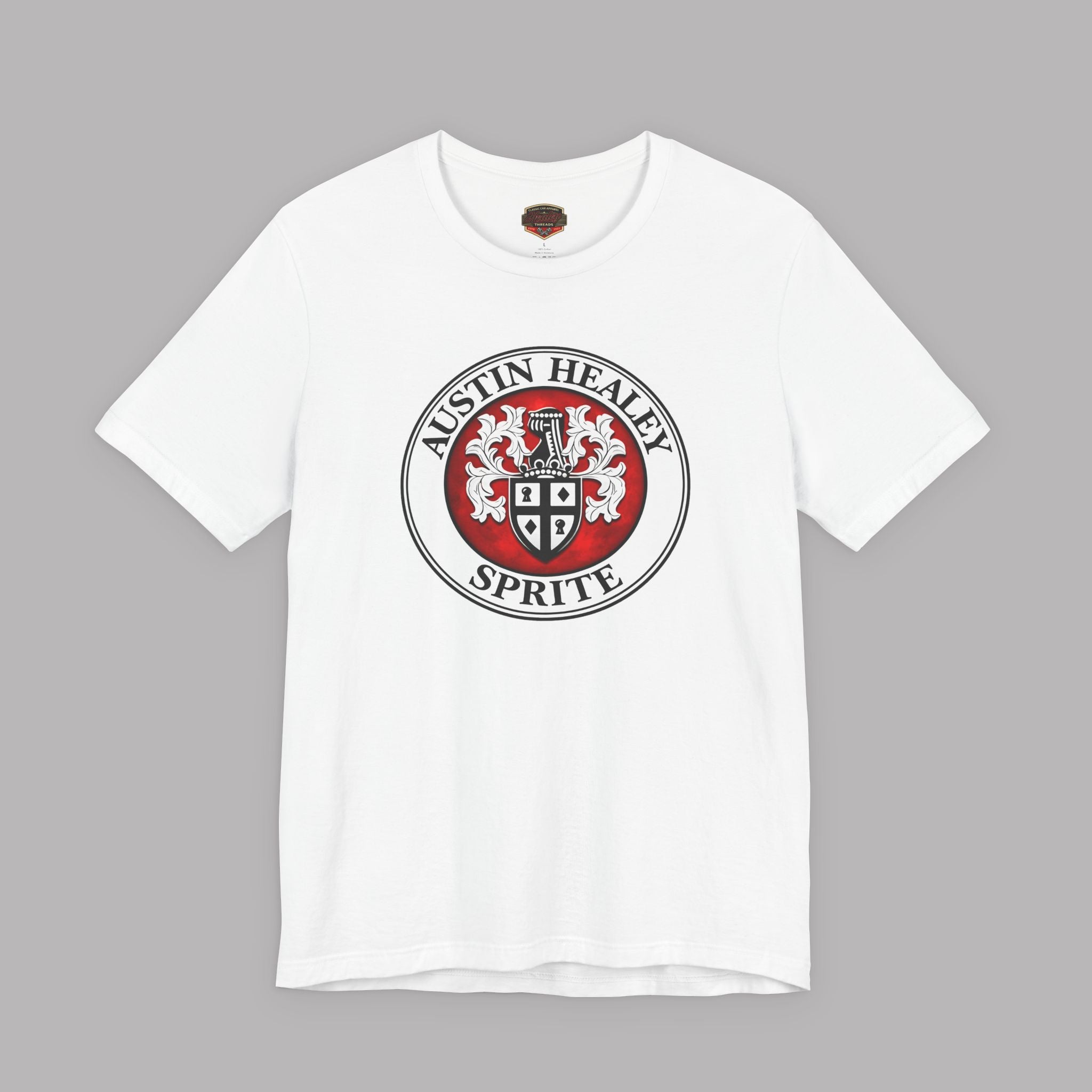 White t-shirt with Austin Healey Sprite logo on a gray background