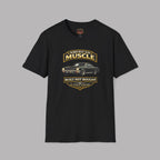 Black t-shirt with 'American Muscle' car graphic design on a gray background