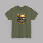 Military green t-shirt with a graphic design on a gray background