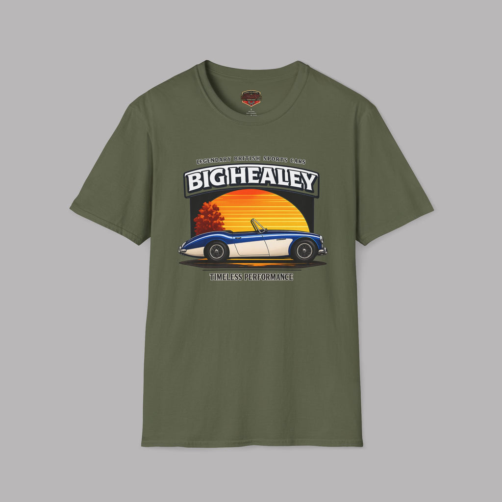 Big Healey graphic military green colored t-shirt featuring a blue and white Austin Healey roadster with retro sunset artwork and vintage British sports car typography by Healey Threads