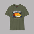 Big Healey graphic military green colored t-shirt featuring a blue and white Austin Healey roadster with retro sunset artwork and vintage British sports car typography by Healey Threads