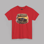 Red t-shirt with a classic car graphic design on a gray background