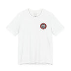White t-shirt with a red and black logo on a white background