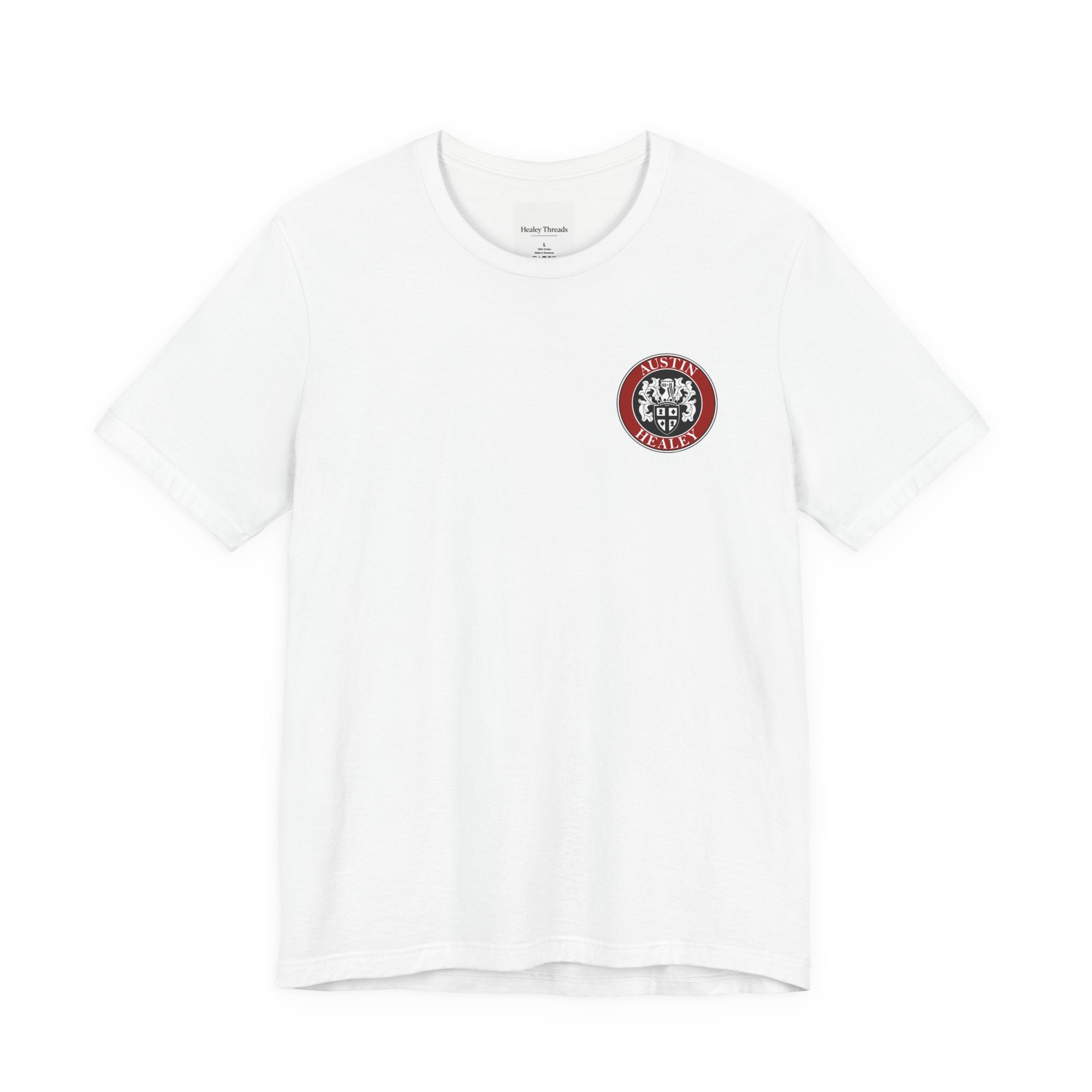 White t-shirt with a red and black logo on a white background