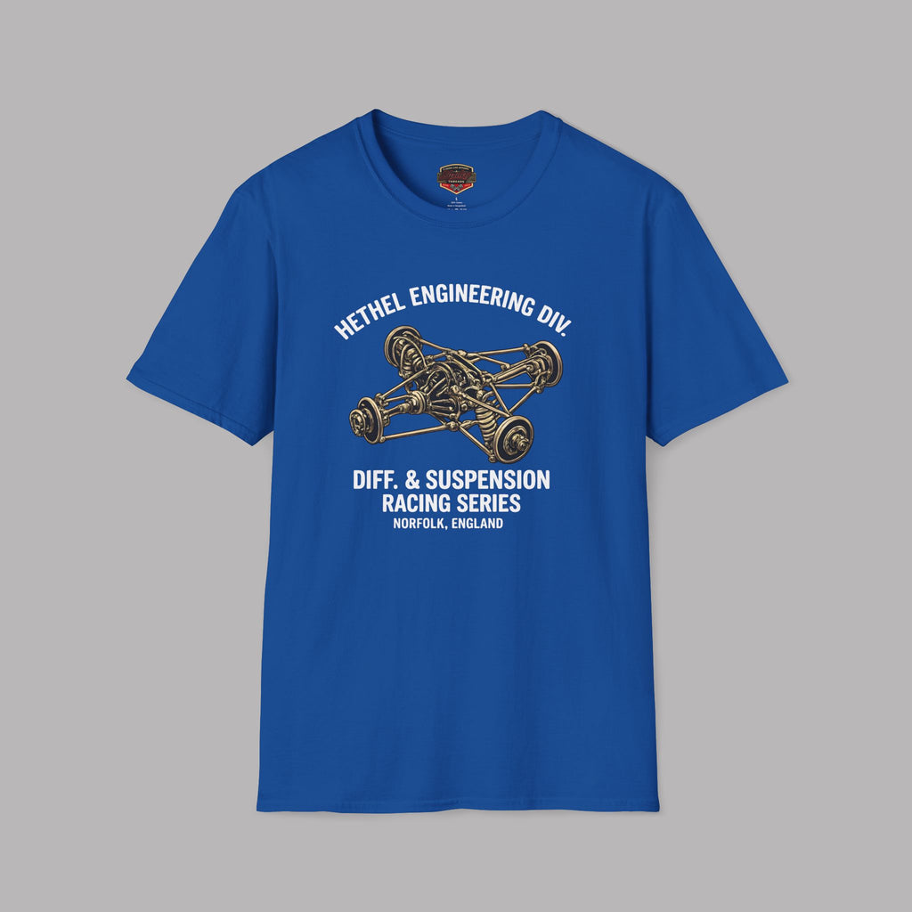Royal blue t-shirt with mechanical engineering graphic and text on a gray background