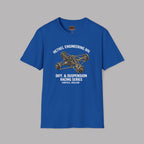 Royal blue t-shirt with mechanical engineering graphic and text on a gray background
