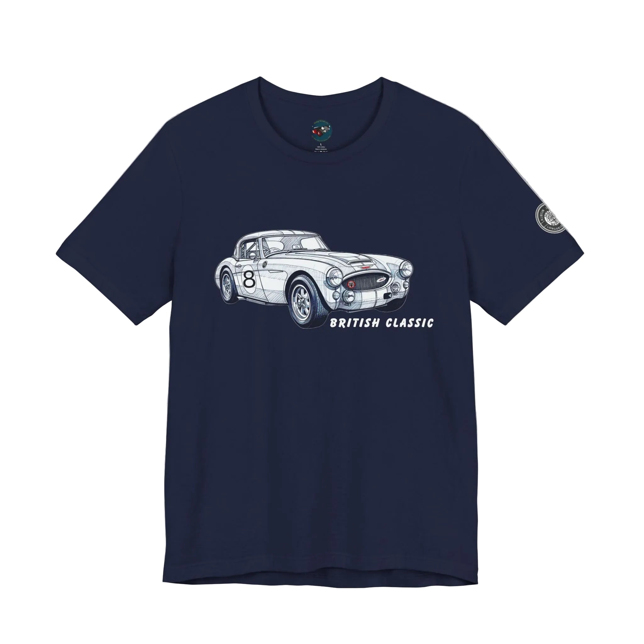 Navy blue t-shirt with a white car graphic and 'British Classic' text on a white background