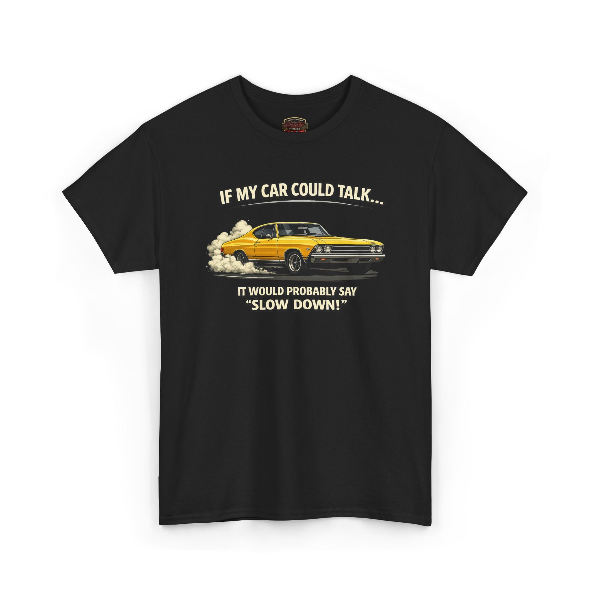 Black t-shirt with a graphic of a yellow car and text on a white background