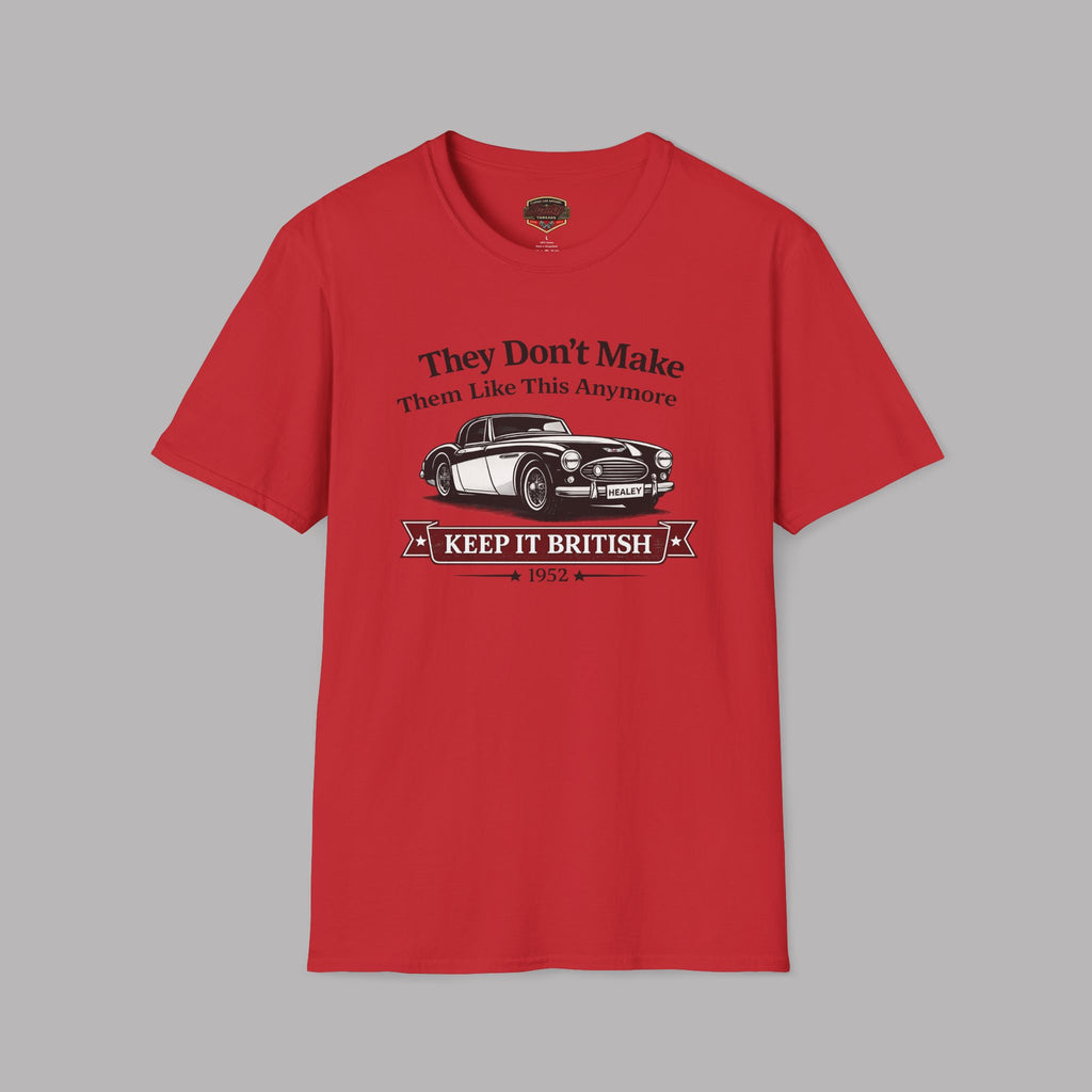 Red t-shirt with a graphic and text on a gray background