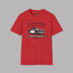 Red t-shirt with a graphic and text on a gray background