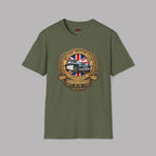 Military green t-shirt with a British Motor Club logo and text on a white background