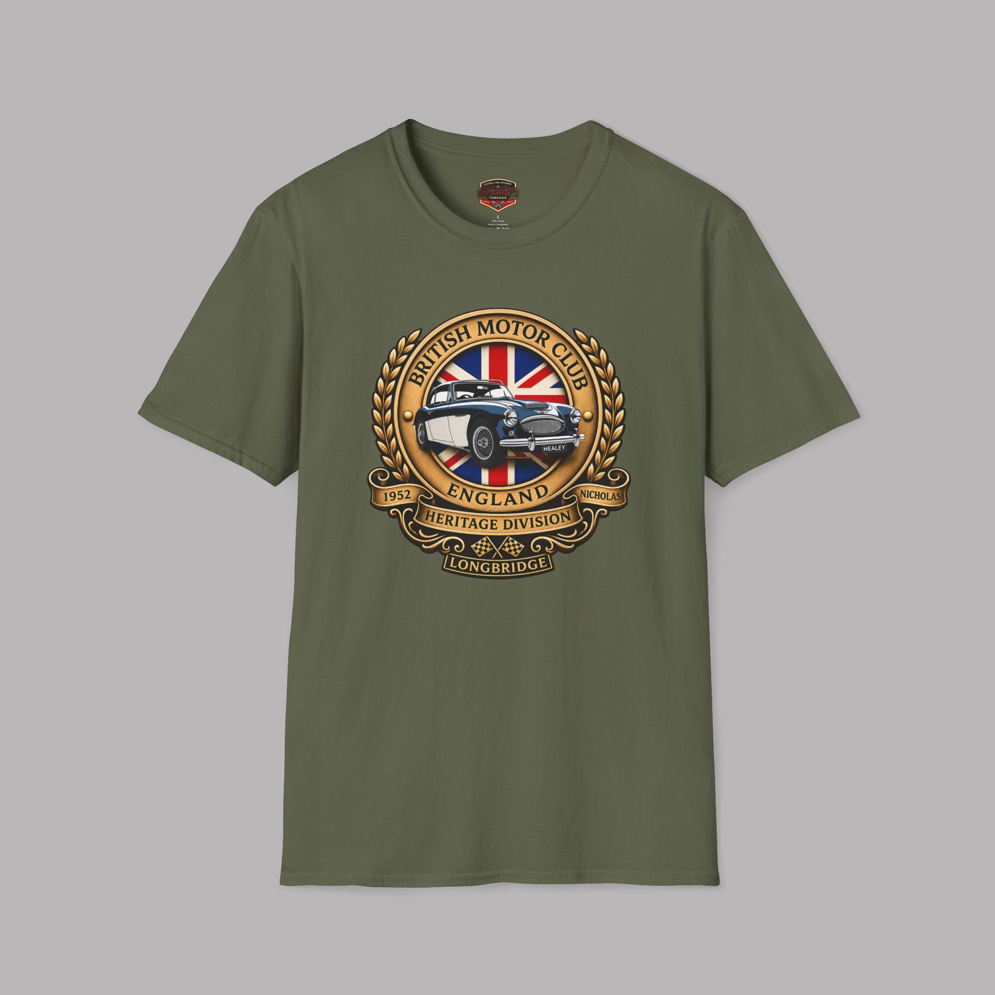 Military green t-shirt with a British Motor Club logo and text on a white background