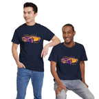 Two people wearing navy blue t-shirts with a yellow car graphic on a white background
