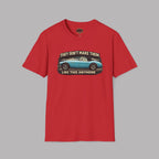 Red t-shirt with graphic design and text on a gray background