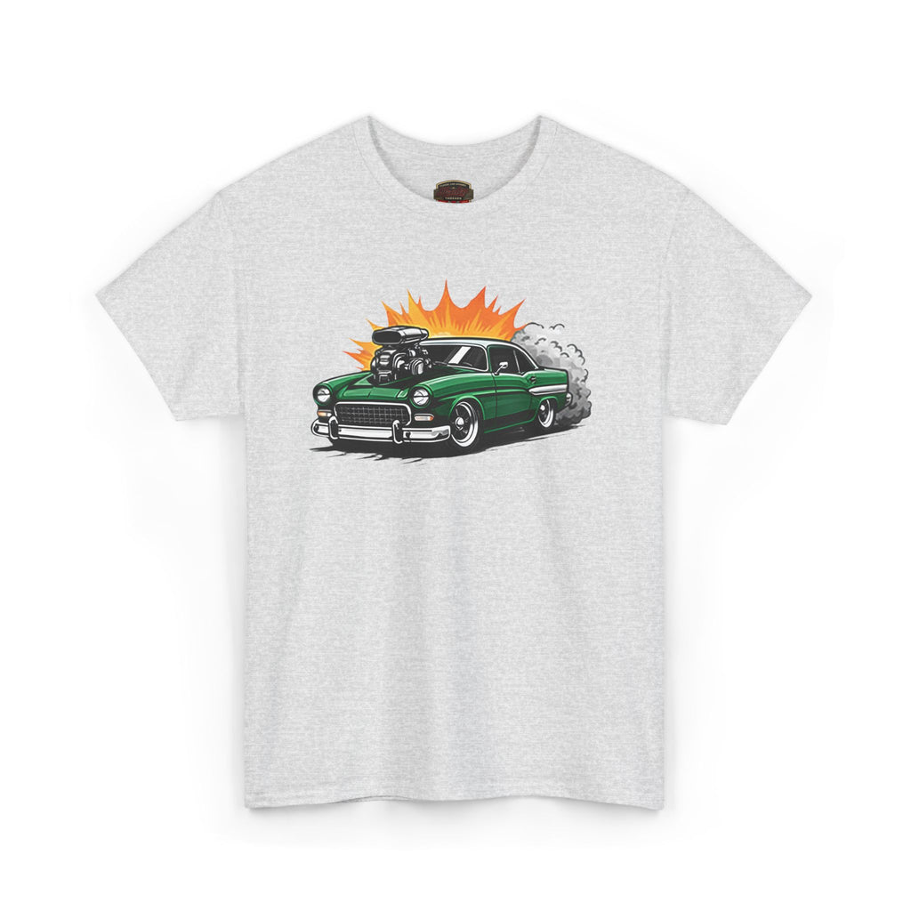 Gray t-shirt with a green car graphic on a white background