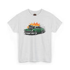 Gray t-shirt with a green car graphic on a white background
