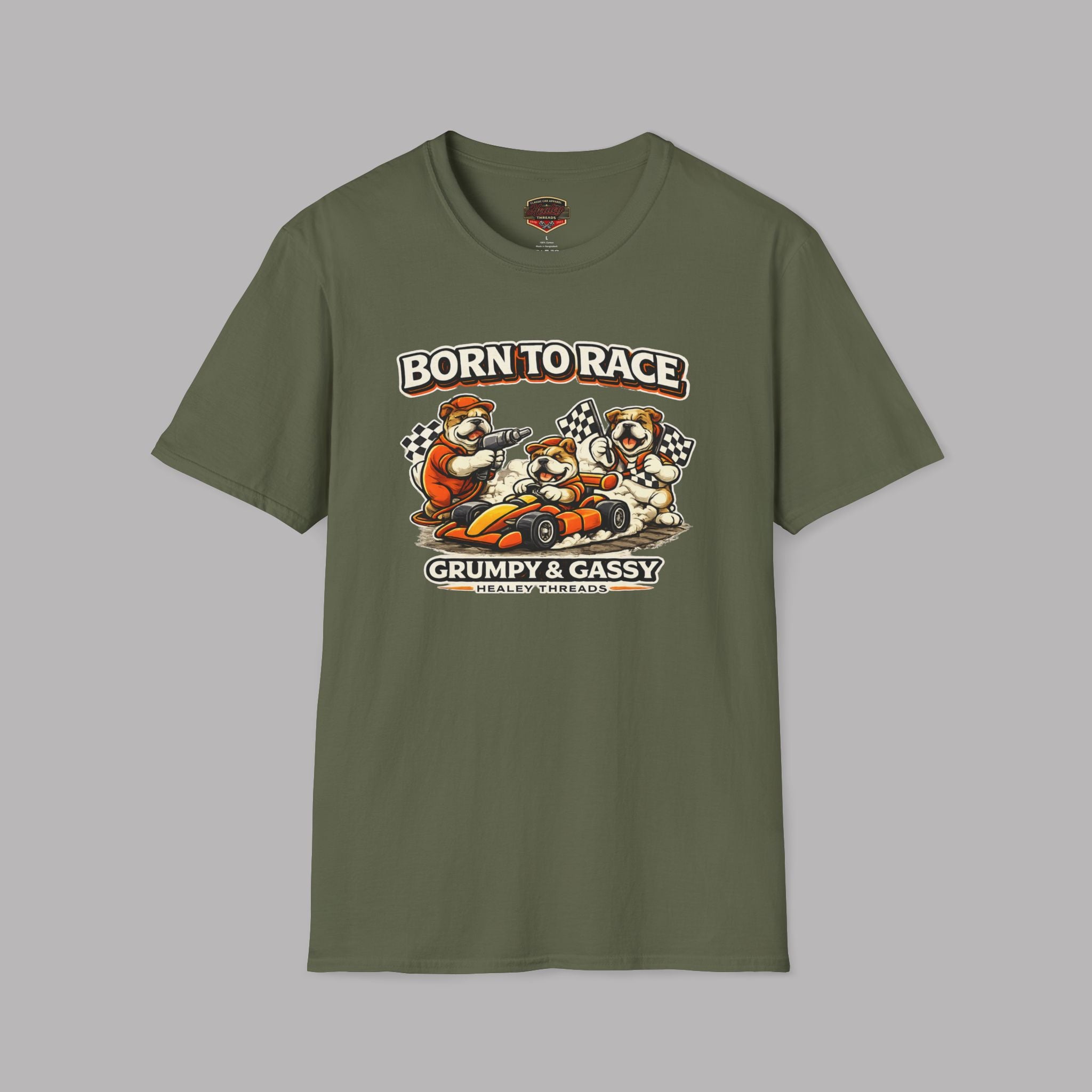 Military green t-shirt with 'Born to Race' graphic on a gray background