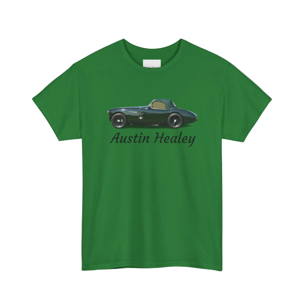 Green t-shirt with Austin Healey car design on a white background