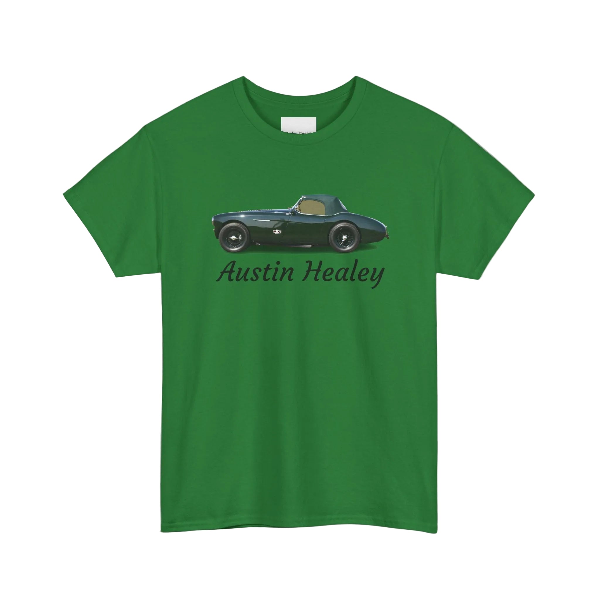 Green t-shirt with Austin Healey car design on a white background