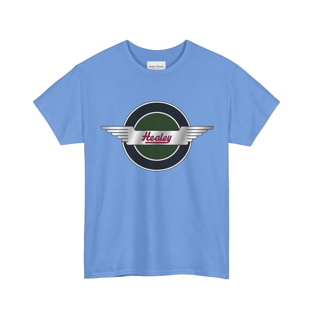 Blue t-shirt with a Healey logo on a white background