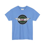 Blue t-shirt with a Healey logo on a white background