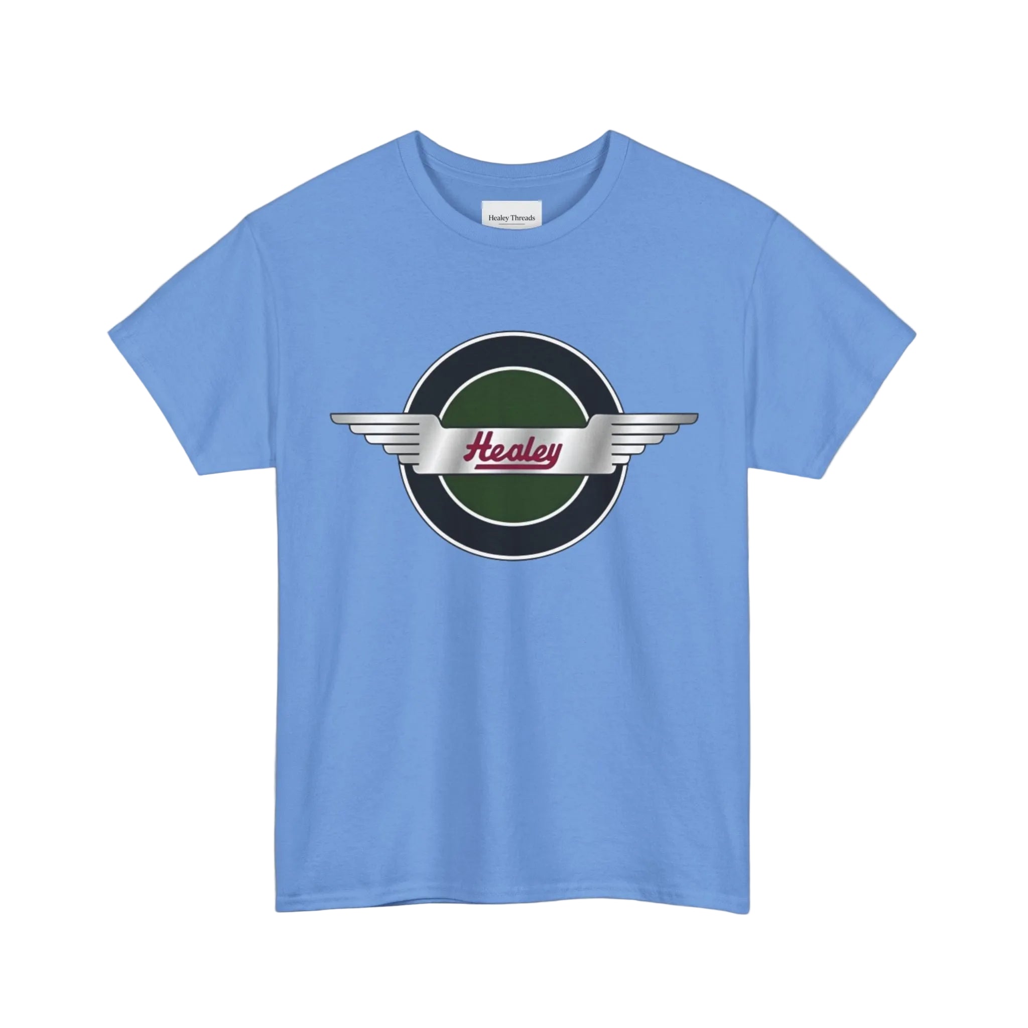 Blue t-shirt with a Healey logo on a white background