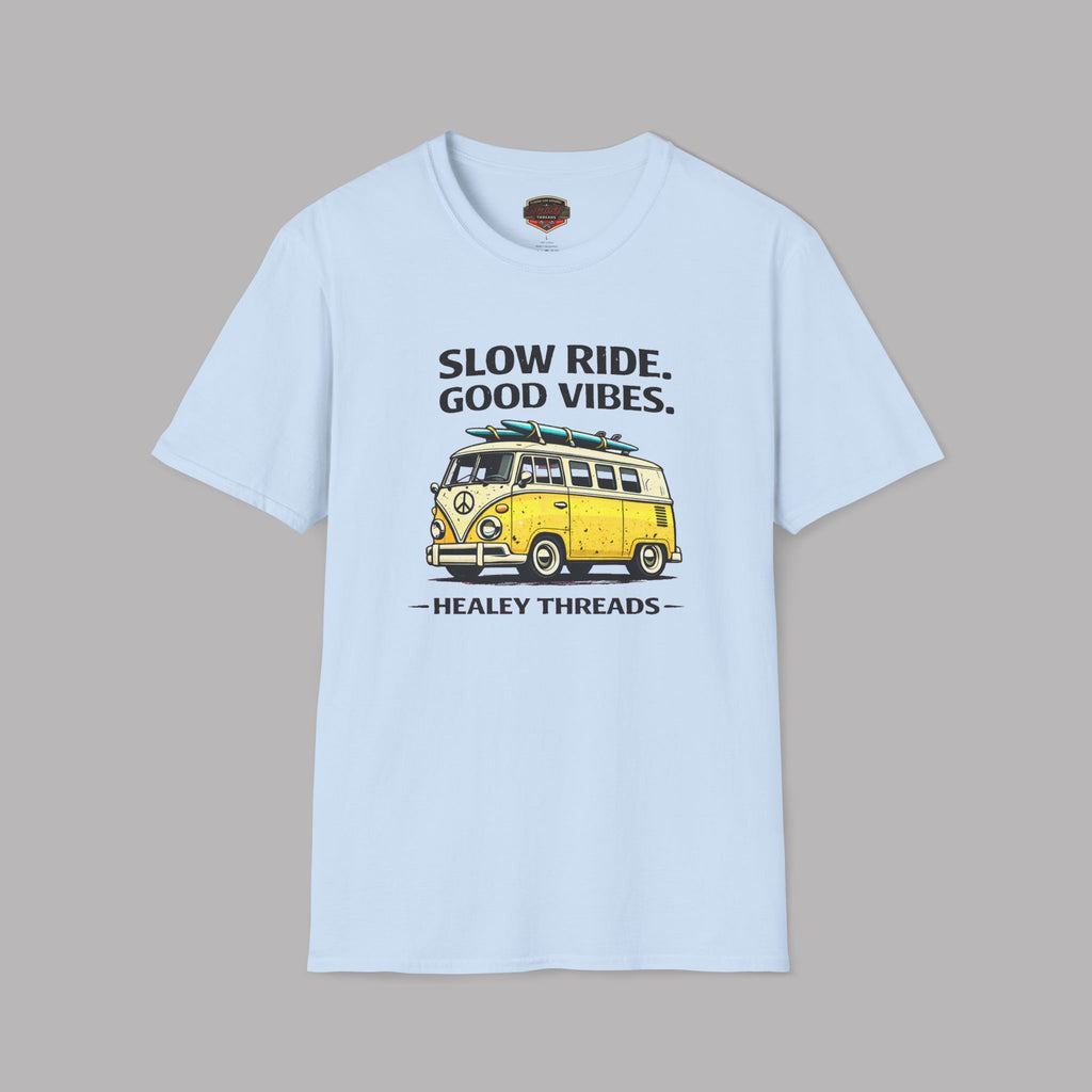 Light blue t-shirt with a yellow van graphic and text on a gray background