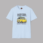 Light blue t-shirt with a yellow van graphic and text on a gray background