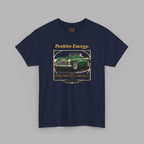 Navy blue t-shirt with a green classic car graphic and text on a gray background