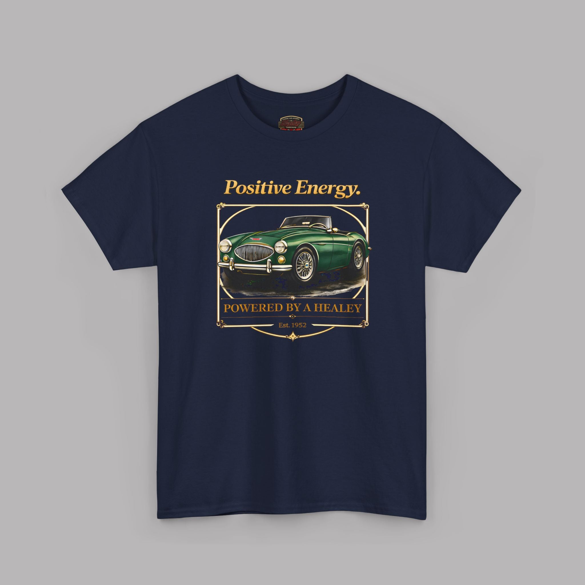 Navy blue t-shirt with a green classic car graphic and text on a gray background