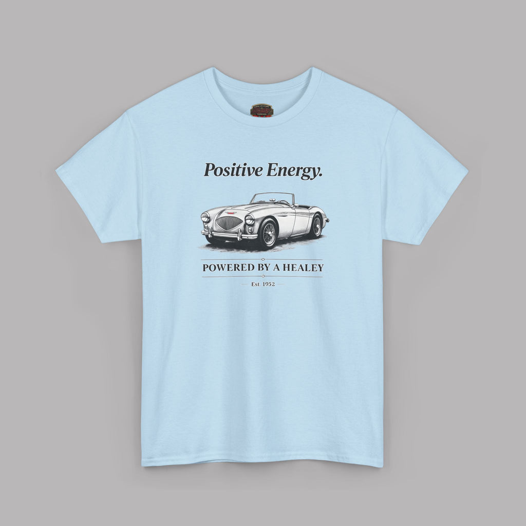 Light blue t-shirt with a graphic of a classic car and text on a gray background