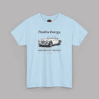 Light blue t-shirt with a graphic of a classic car and text on a gray background