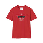 Red t-shirt with vintage car graphic and text on a white background