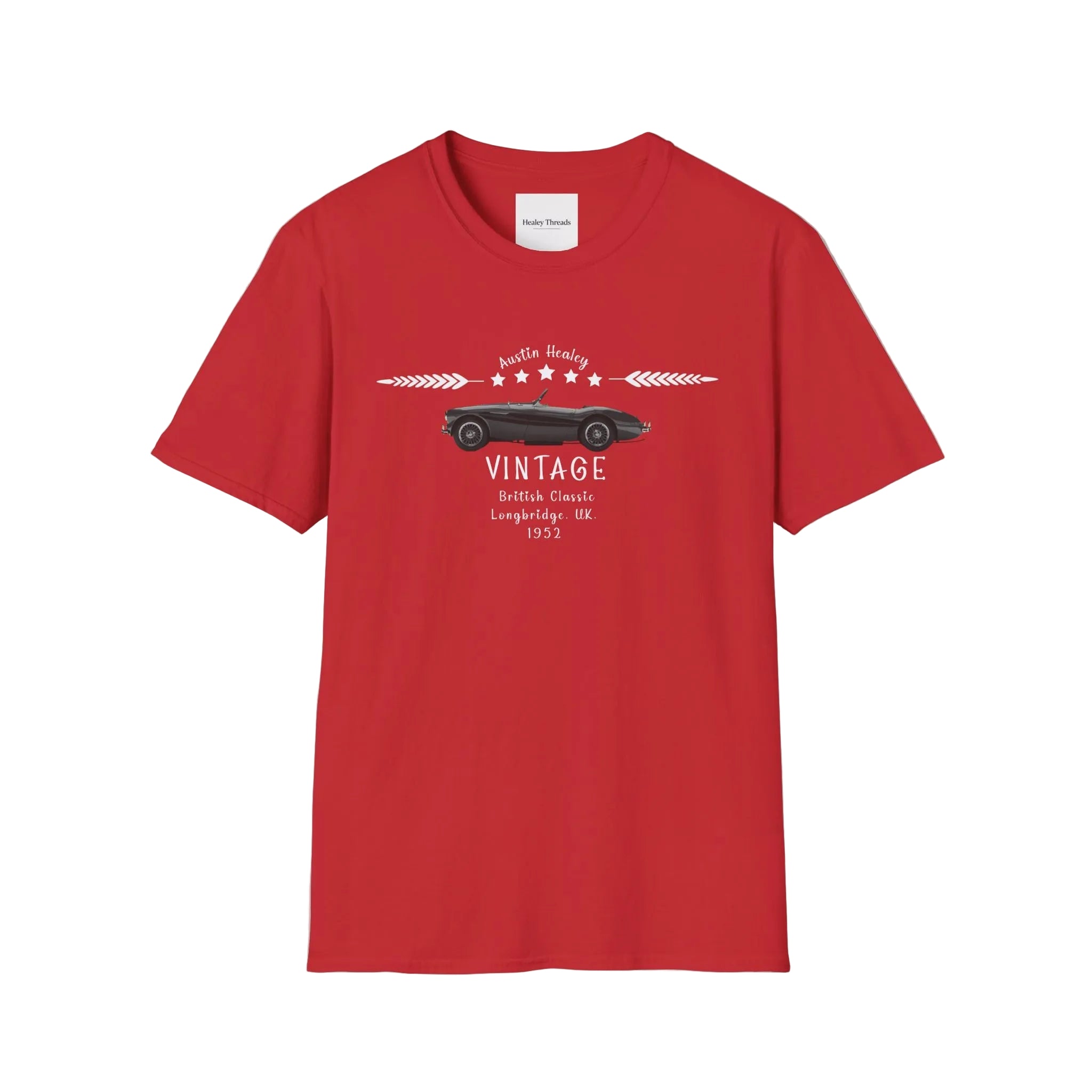 Red t-shirt with vintage car graphic and text on a white background