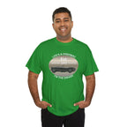 Man wearing a Irish green t-shirt with a graphic and text on a white background