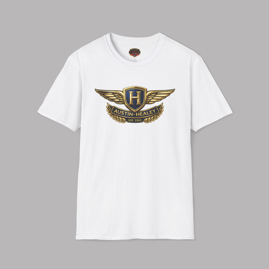 White t-shirt with Austin-Healey logo on a gray background