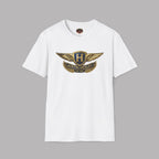 White t-shirt with Austin-Healey logo on a gray background