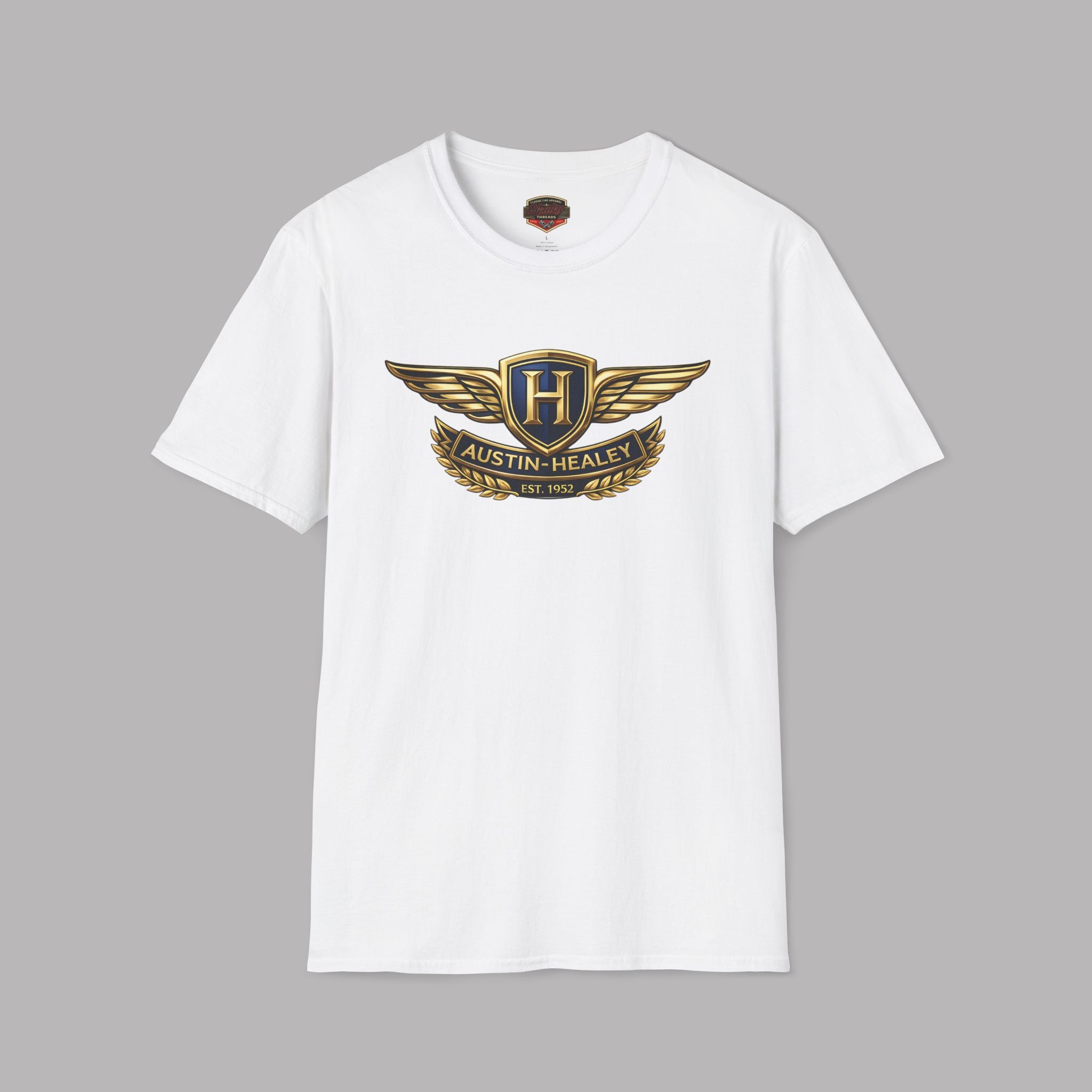 White t-shirt with Austin-Healey logo on a gray background
