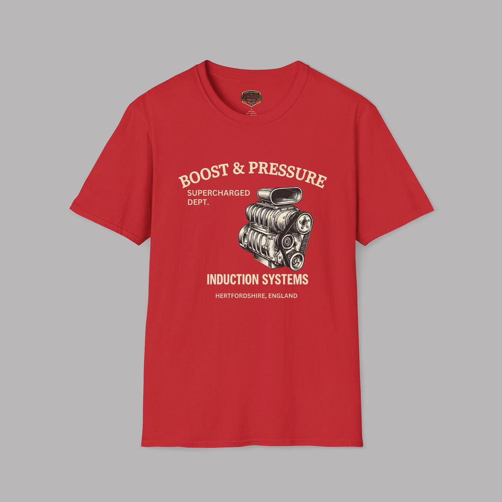 Red t-shirt with supercharged engine graphic and text on a gray background