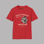 Red t-shirt with supercharged engine graphic and text on a gray background