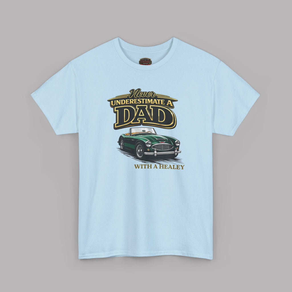 Light blue t-shirt with a graphic of a classic car and text on a gray background