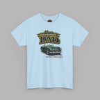 Light blue t-shirt with a graphic of a classic car and text on a gray background