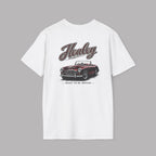 Back of a white t-shirt with a red classic car graphic and 'Healey' text on a gray background