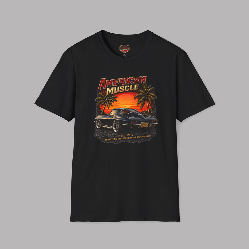 Black t-shirt with 'American Muscle' graphic design featuring a car and sunset scene on a gray background.