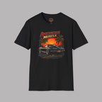 Black t-shirt with 'American Muscle' graphic design featuring a car and sunset scene on a gray background.