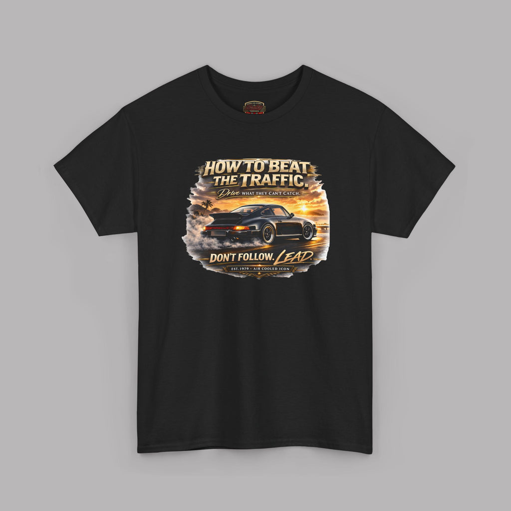 Black t-shirt with a classic car graphic design on a gray background
