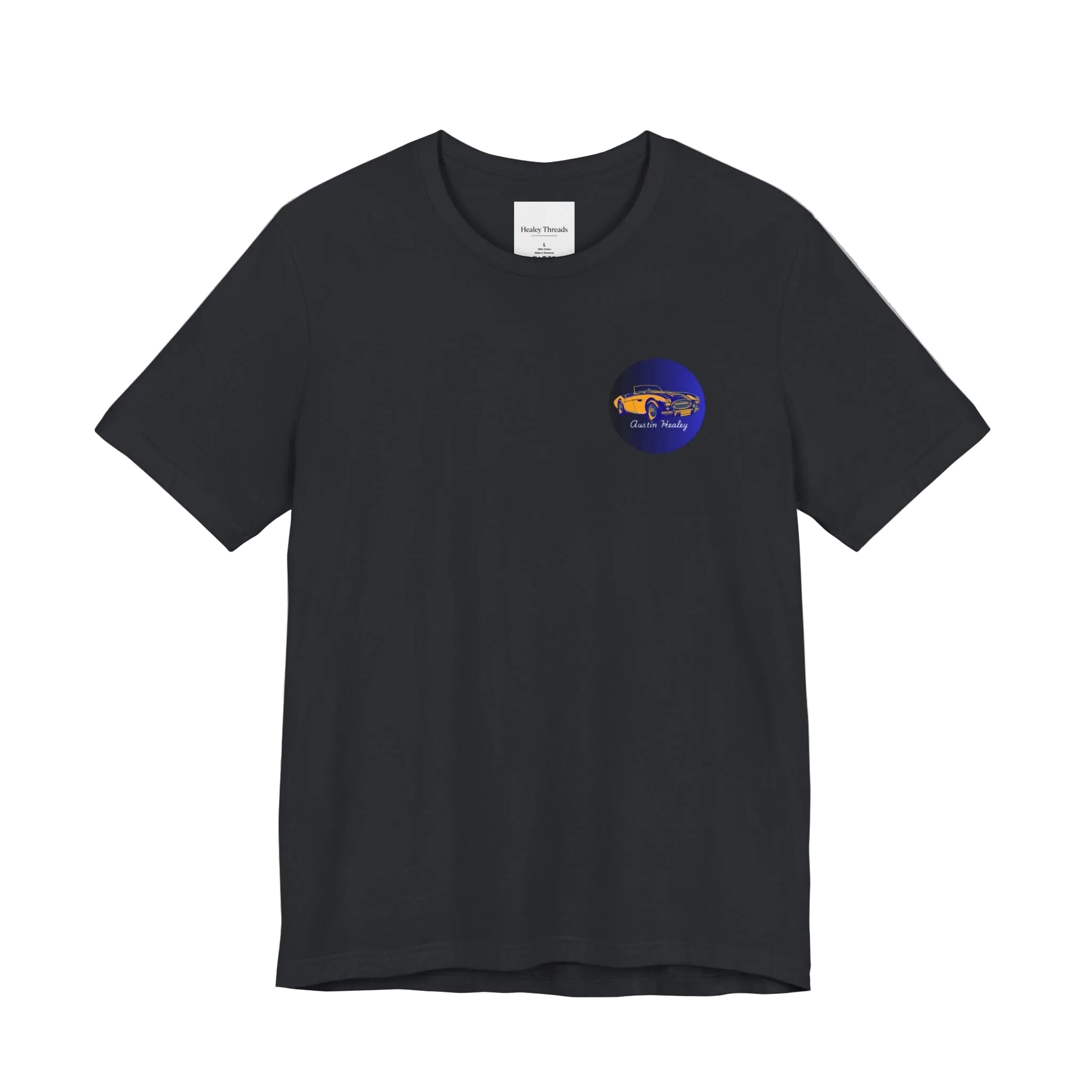 Black t-shirt with a small logo on a white background