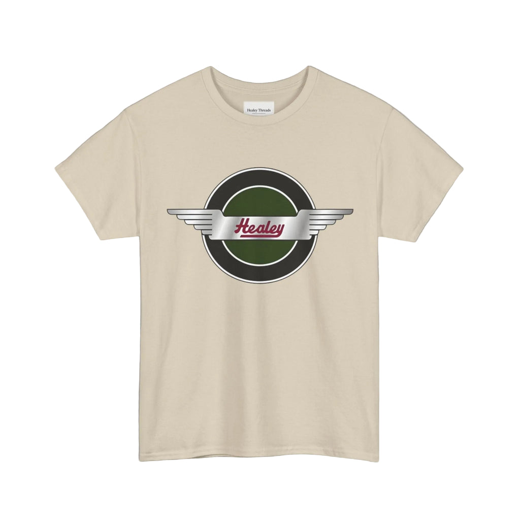 Beige t-shirt with a Healey logo on a white background